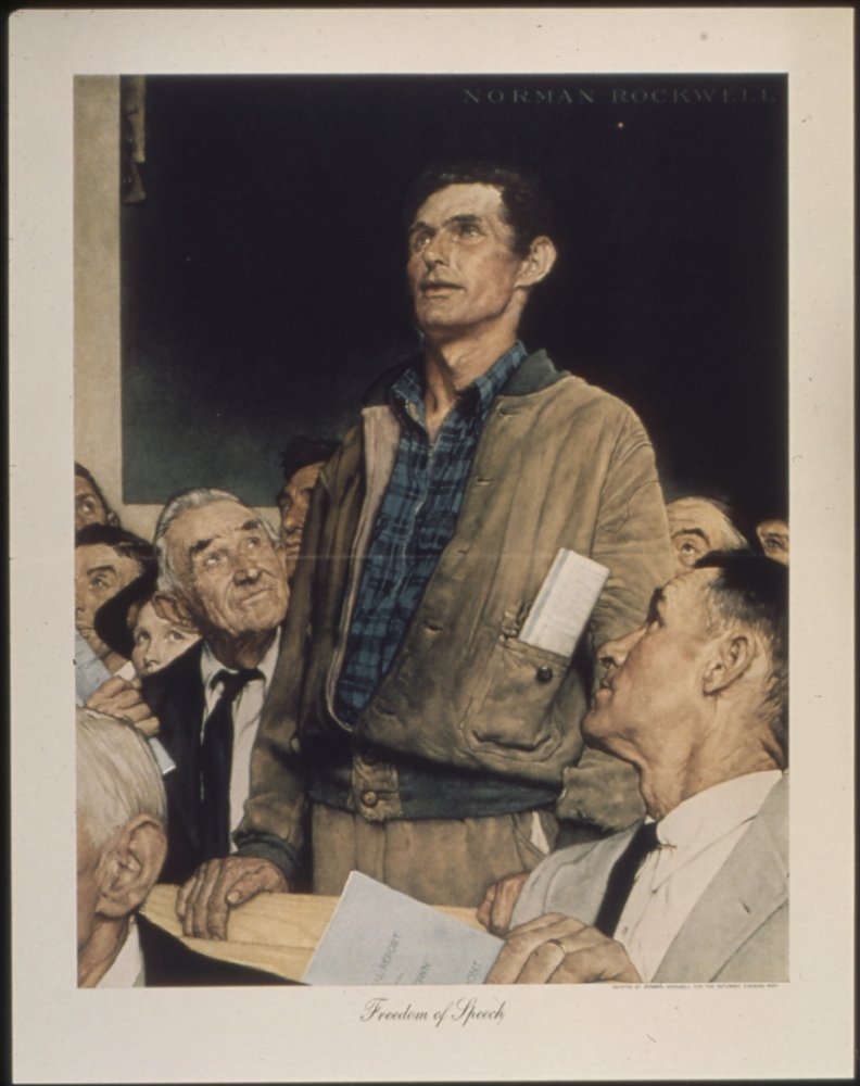 Norman Rockwell’s Four Freedoms is a set of paintings created to illustrate a speech by President Roosevelt. Which of these facts about the paintings is false?