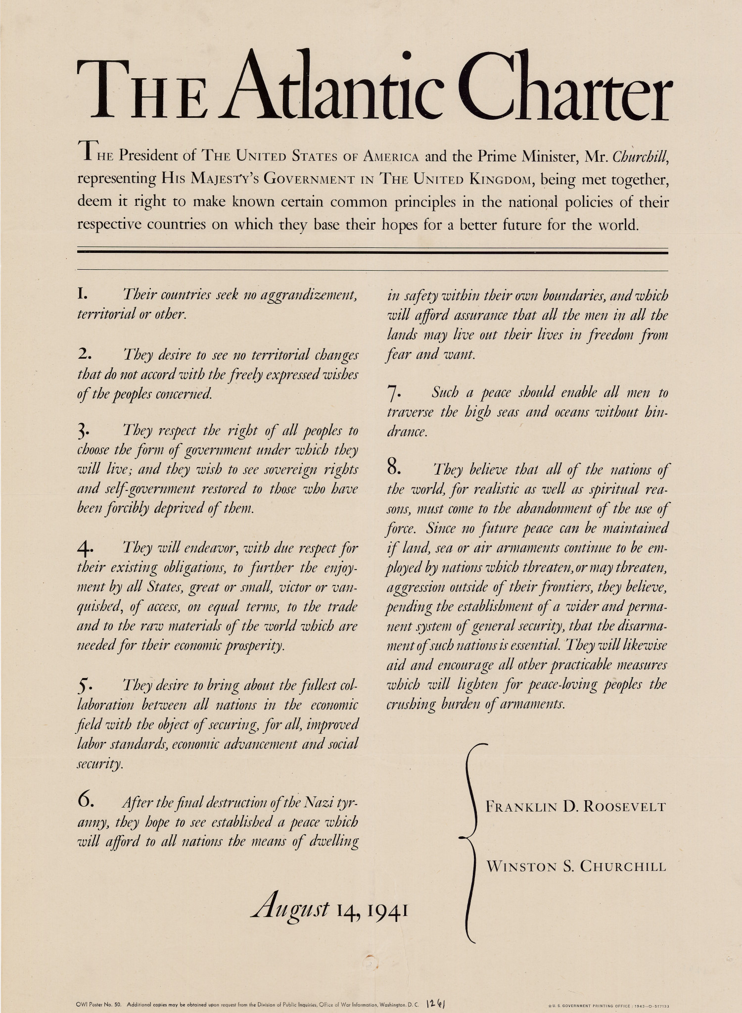 Where did President F. D. Roosevelt and British Prime Minister Winston Churchill hold the Atlantic Conference in August 1941, where they outlined their goals for the post-war world?